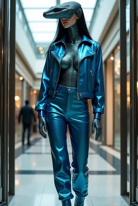 in the image, I see a female drag figure with the appearance of a serpent that mixes human and reptilian elements.  She has a snake-like head .
 She wears a modern and casual outfit ,  made of shiny fabric with shades of metallic blue that harmonize perfec...