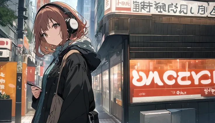 Woman looking at autumn in Tokyo city, streetscape, listening to music with headphones