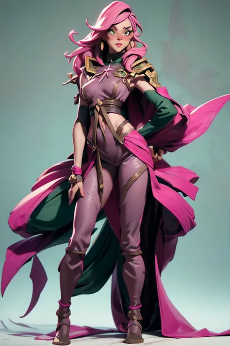 Female fantasy halfling, short stature, freckles, long pink hair, braids, wide hips, long flowing dress, harem pants, long green cloak, shoulder armor, dancing pose, crossbow, tall boots, full body shot