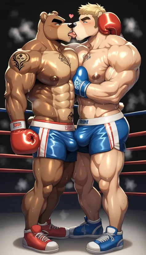 Duo anthro male(anthro Brown Bear vs anthro Black Bear), handsomes(handsome hairstyles, Thick eyebrows, detailed face), gay( cuddling embraced, Body frottage each other, kissing at each other with intensity, full body, on a boxing match, black background),...