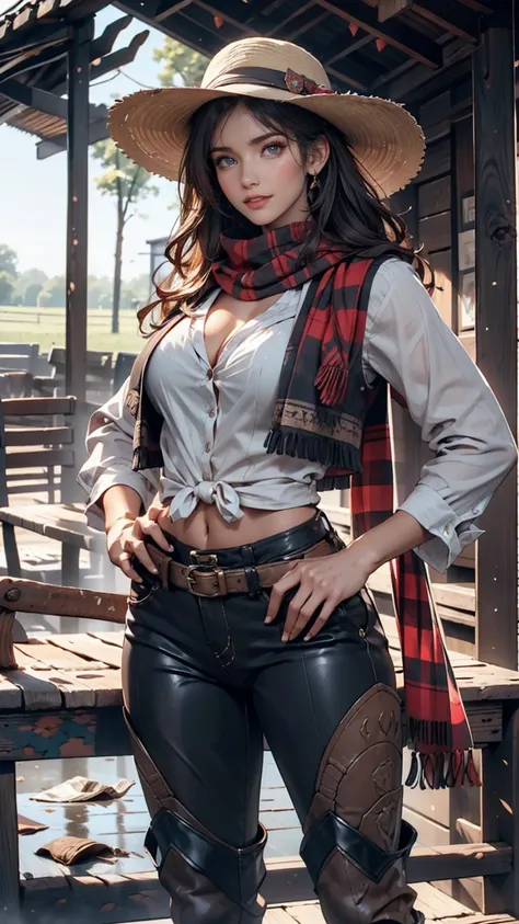   Portrait of a Beautiful Woman on a Muddy Farm:1.2 , cowboy hat,  Fringed Vest  , pants, scarf ,   Confidence   ,  Center of chest,、 hands on hips、Riding boots、Round Whip  、smile、  Indiana Jones Style  