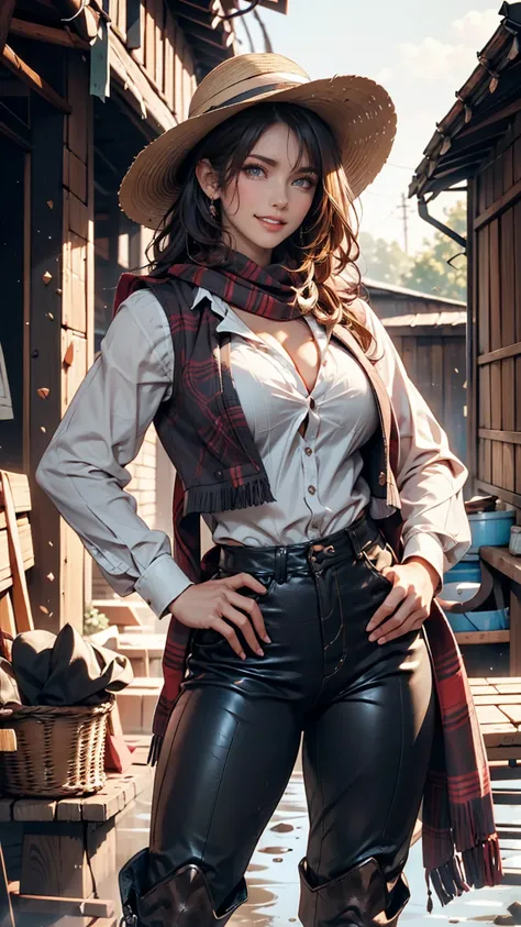   Portrait of a Beautiful Woman on a Muddy Farm:1.2 , cowboy hat,  Fringed Vest  , pants, scarf ,   Confidence   ,  Center of chest,、 hands on hips、Riding boots、Round Whip  、smile、  Indiana Jones Style  