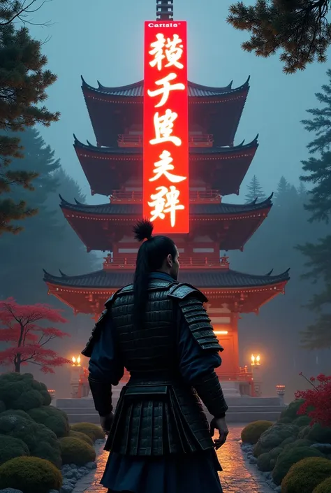 A Japanese warrior wearing yoroi looking at a big size traditional Japanese 4 floor detailed temple that has in the middle vertically a modern sign with the name Carlos in vertical in the middle for it to look his and thick vertically Carlos in japanesse a...