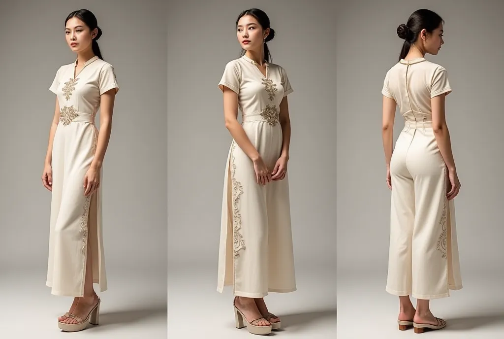 mockup, a tok composite photo of a ao dai posing at different angles, a vietnamese ao dai and vietnamese hat, perfect body, perf...