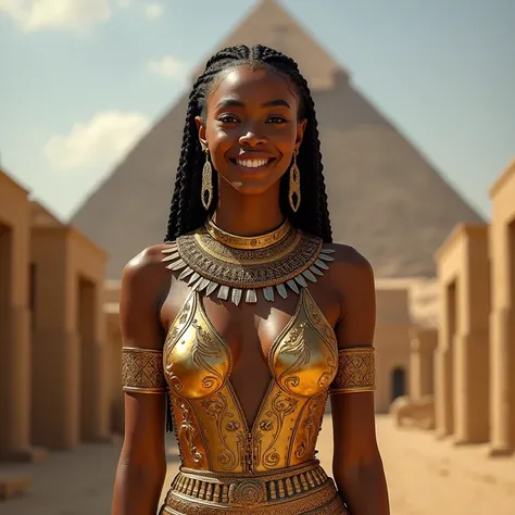 Generate full body of scarlet queen of egypt with gold and silver metal dresses, ancient egyptian style, smiling, naked make her chest bigger, in front of pyramide, in front of a egyptian ancient temple

