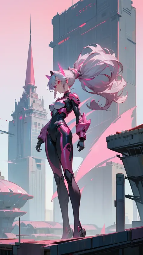 (Very good, professional, Surreal), Towering buildings rise from the ground，Form a magnificent landscape of the city of the future. in the center of Image, A huge and magnificent robot mecha girl stands tall. Its pink metal shell glows, she is wearing a bl...