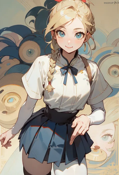 (masterpiece), (( best quality)), ( super detailed), (美しいeye、 beautiful details 、eye, Beautiful and delicate face ),   blonde ponytail with single braids ,  split bangs , amount, 青いeye, smile,  white shirt, White mini pleated skirt, thigh high tights, thig...