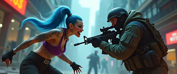 Jinx from Arcane facing a soldier from CS GO