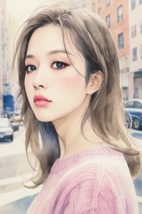 Watercolor、Old style、Faded color、composition、Golden Ratio、Functional、grace、 Details 、background、Soft colors、Blurred Lines、Ayano Fujisaki、round face, Dark Eyes,  elegant , ( plump lips :1.2), Elegant, Long Hair, Watercolor, ,４８talent,(pink＆ blue sweater ), ...