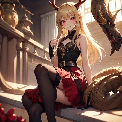 Dragon Girl， girl，((Small chest))，blond， red eyes，black antler，(( Red Black Lace Skirt))，belt， happy expression，(( black stockings))，Low exposure，Depth of Field，Light effects,Delicate hands，Loongs Tail (gold color),China Dragon