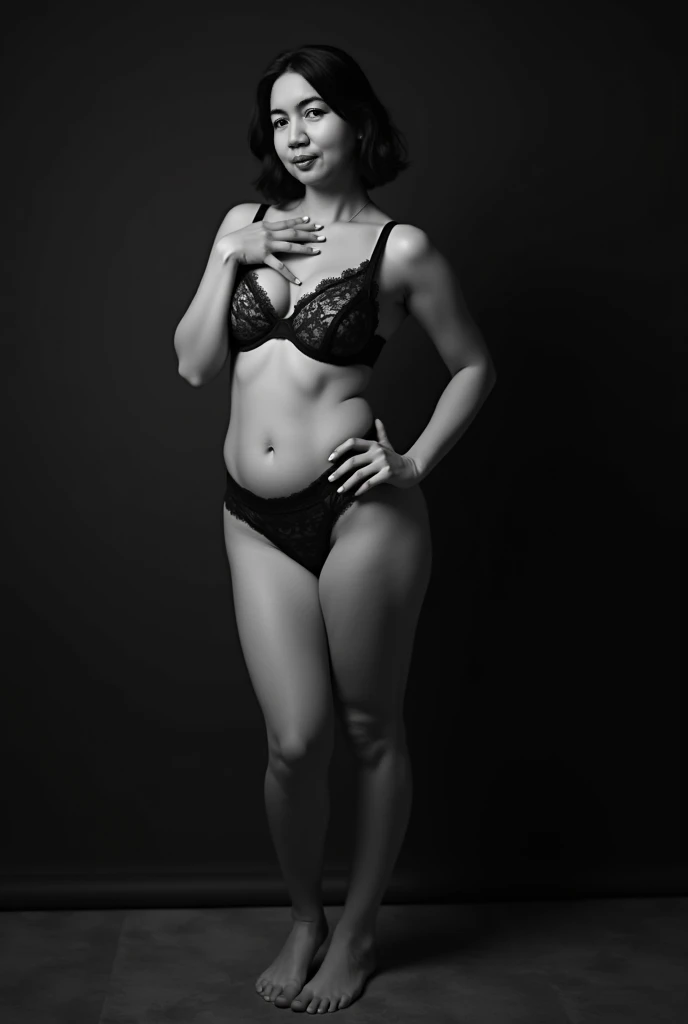 masterpiece, high quality, realistic, studio photography , Black and white photo , dark, only backlight , soft erotic , seductive , tempt, Wild, mature malaysian woman naked shirtless , standing on the floor , ((large sagging breasts:1.7)), right hand on b...