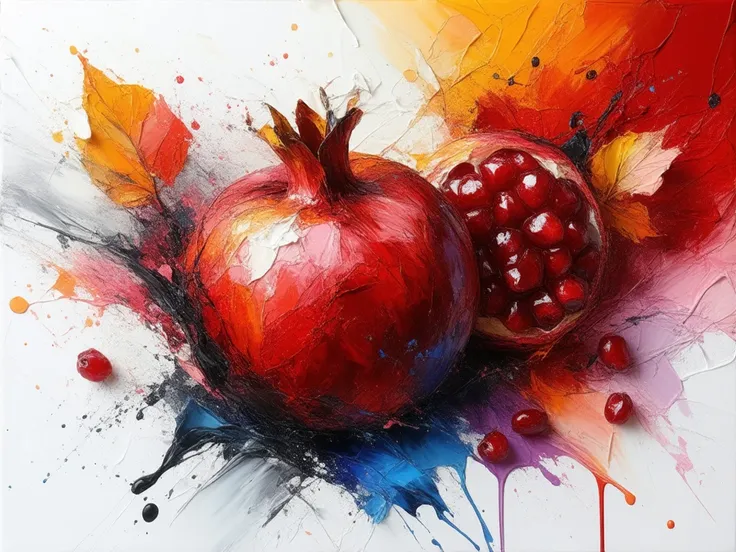 abstract impasto painting of paint splashes resembling a sculptural relief transforming into a pomegranate with pomegranate seeds and autumn leaves made from paint, paint itself has come to life, the colors blending and merging in an impasto oil painting s...