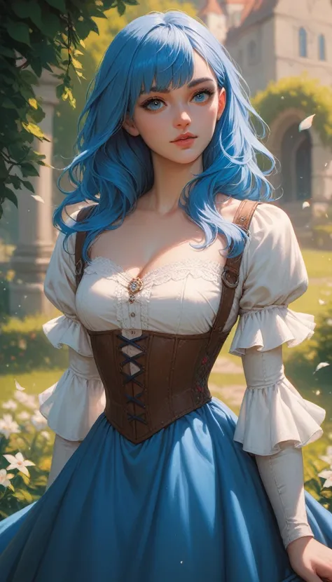 girl with 20 years, long blue hair and blue eyes, hair with bangs, medieval dress 