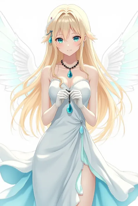 long hair blonde girl, cyan eyes, Light pink lips. with a white dress fitted up and loose down in light blue to the thighs and with a neckline.  With white gloves and a black necklace with a pendant of a drop of water and cyan earrings. On white background...