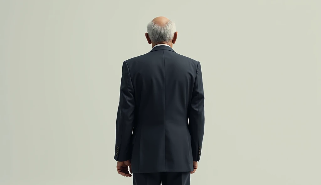 "A realistic depiction of an elderly Indian man resembling Ratan Tata standing with his back turned towards the viewer. He is dressed in a formal suit, showcasing a composed and confident posture. The background is plain and minimal, making it suitable for...