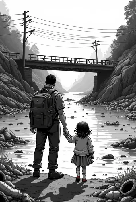 General plan father and daughter arrive at a collapsed bridge with the river polluting and full of floating s (do it manga style)