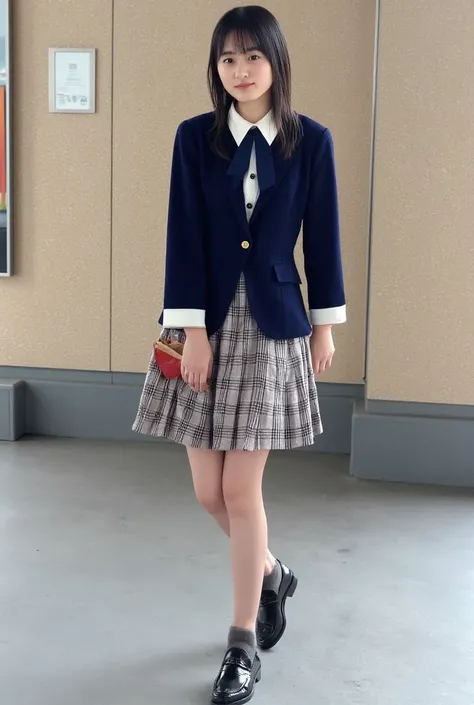 1 person,  twin tails,Thighs,A simple dark blue satin blazer,satin white blouse, bow tie , pleated skirt,School, ( The skirt and tie have a dark blue tartan pattern:1.3),(The check pattern on the skirt is a little light:1.2),(Wearing loafers without socks:...