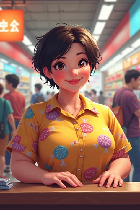 Chubby, short-haired woman working in a shopping mall wearing a candy hall shirt in a chunky lock