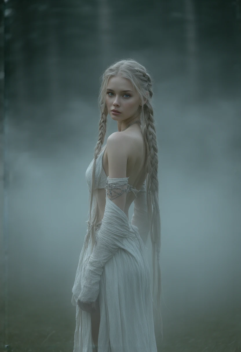 Create a full-length image of a female character in her twenties, with the style of a Nordic warrior of her time, standing in the middle of a dense, misty forest. She has long, braided blonde hair that cascades down her back., with tiny beads woven togethe...