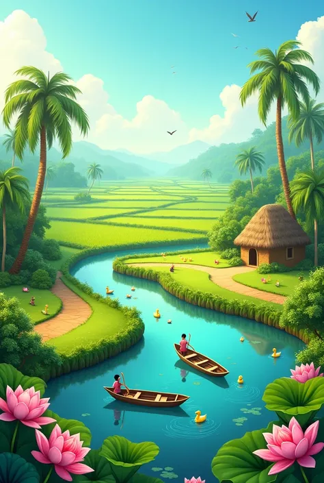 "Bangladeshi  environment: green fields, winding dirt paths, a small mud house, a pond with lotus flowers, boats, palm trees, and paddy fields. Small ducks in the pond and little birds flying in the sky. Vibrant and lively. Designed to be appealing and ima...