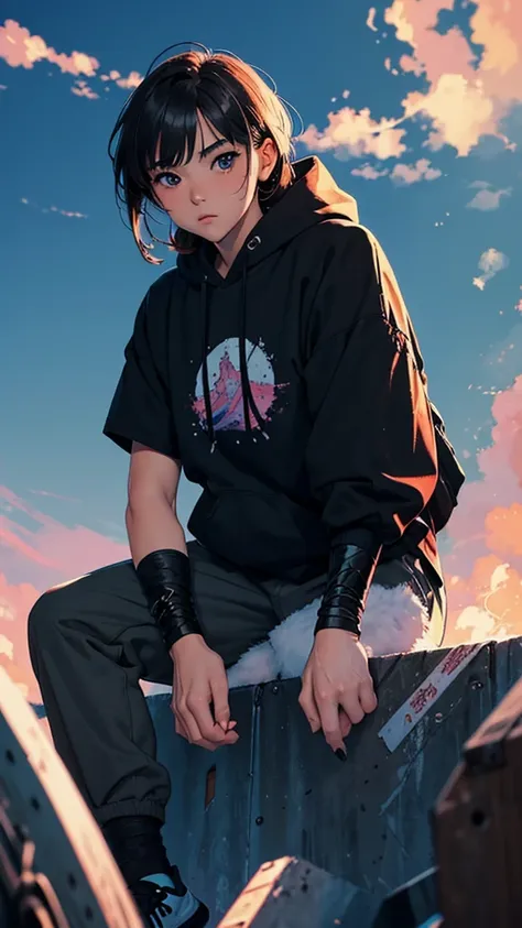 ( best quality)(masterpiece)(Extremely Delicate Brushwork )、
( 80s Style Anime),lo-fi,,Handsome girl ,
 black hoodie,  black cargo pants ,Believe in your own growth and go beyond your limits and create a cool image, anatomically correct, 