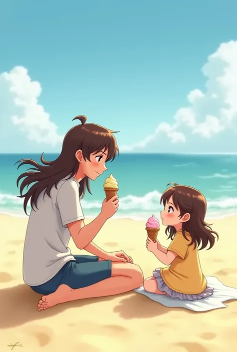 A  with long brown hear sitting on the beach eating an ice cream. His sister is sitting beside him. She also eats a ice cream.