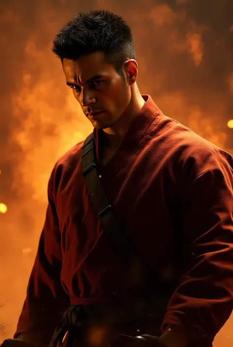 a realistic handsome man with spiky black hair, intense dark eyes, a sharp angular face, muscular physique, wearing a black and red martial arts uniform, dramatic lighting, highly detailed, photorealistic, cinematic composition, warm color tones, dramatic ...