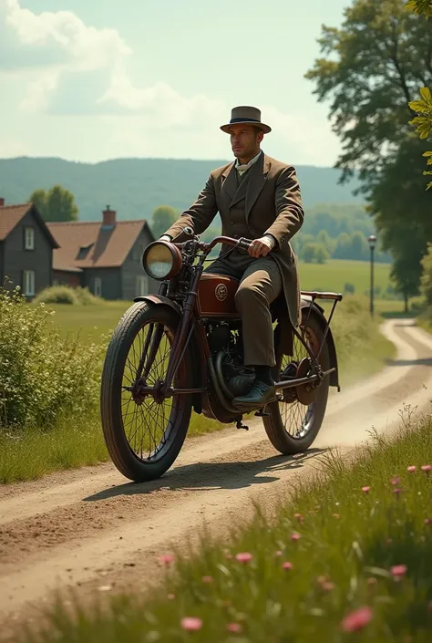 "The Daimler Reitwagen, a wooden motorcycle with a small engine, riding along a dirt path in 1885 Germany. The background features a lush countryside with old cottages and distant hills. The rider, dressed in period-appropriate clothing, is testing the mot...