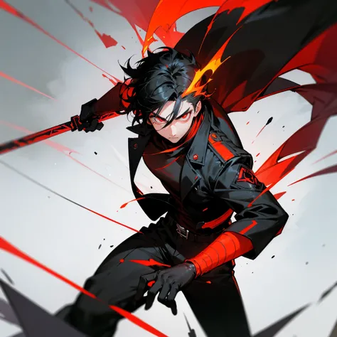 A young male warrior with sharp features and black hair, wearing a modern tactical outfit with a black jacket and pants, resembling a battle-ready Hunter. His eyes glow red with supernatural power, and his outfit has fiery red accents and glowing red runes...