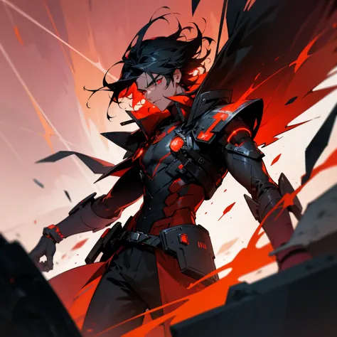 A powerful, handsome male character with black hair styled in a messy yet controlled manner, wearing an armored jacket with sleek, futuristic designs, highlighted by glowing red lines. His eyes are a fierce red, filled with immense power, and he is surroun...