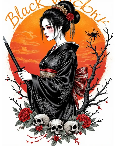 creative logo illustration japanses fantasy art style a black and white intricate drawing of a geisha with wearing black kimono holding a shint sword surrounded by a gradiant orange and red spiderwebnand,  spider, skulls and colorful japanese writing, feat...