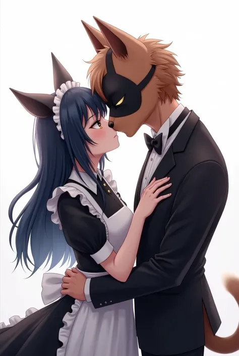 (woman) dark blue hair,long hair,brown eyes,maid dress,maid hat,cat ears,cat tail,close eyes,white background 
(man) brown hair,brown eyes,dog ears ,dog tail,fancy black suit, wearing a mask,kissing the girl,white background,close eyes