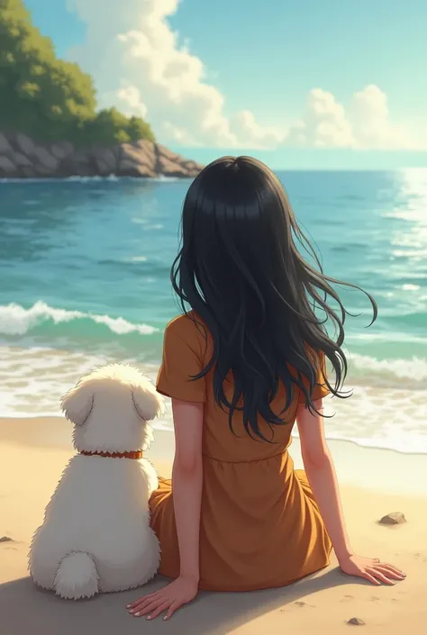 Beautiful girl with a wavy hair and black hair, sitting in a seasore at a Bich with her cute white dog name Luffy. Her dress is color brown, 