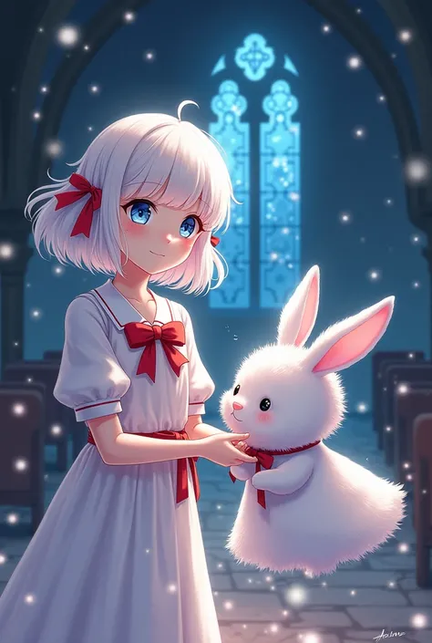 Create an anime picture of a girl tied with a gift, a curly white long-haired rabbit wearing a white dress, a white dress, a red inside, a red bow on her chest, holding a white rabbit doll in a church, and having magic surrounded at night.
