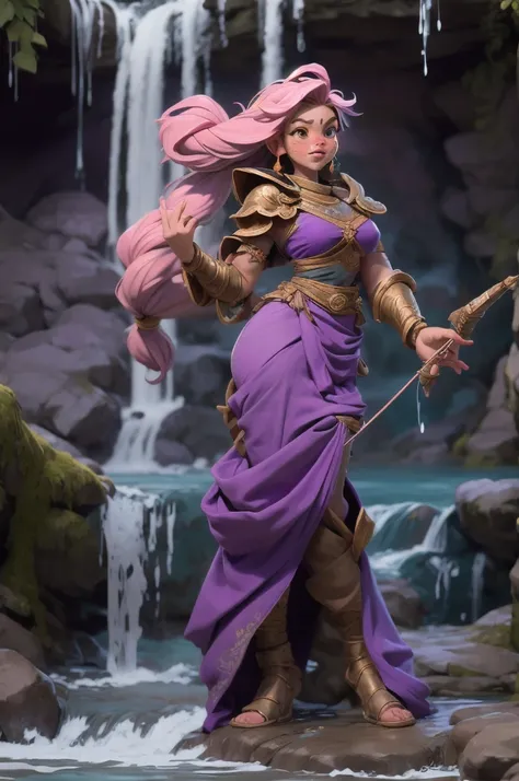 Female halfling, short stature, freckles, long pink hair, braids, wide hips, large breasts, long flowing dress, harem pants, long purple cloak, shoulder armor, dancing pose, crossbow, tall boots, full body shot, splashing water around background, in waterf...