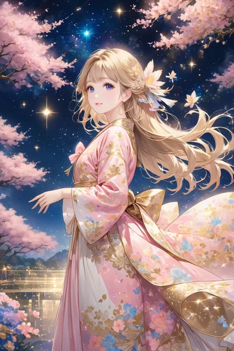  Beautiful Female Angel with Wings Spread on Her Back 、Blonde、 long hair 、 Gold and Pink Floral Dress 、With open arms、宇宙から送られてくるMagicalな光を受け取っている、Clear Night Sky 、 Sparkling Stars 、Mysterious、Magical、A cute image character for the investment community call...