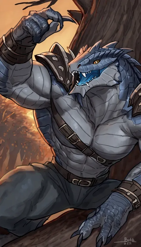 Muscular monster lizardfolk, solo, mercenary, blue tongued skink lizardfolk, anthro lizard, detailed skin, wearing demonic armor, gray body, strong, 1male solo, anthro, muscular, open mouth, small waist, wide chest, thick tail, thick scales on the shoulder...