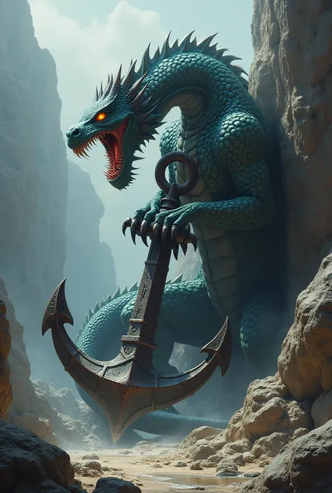 depicts an angry dragon surrounding an anchor stuck in a rock 