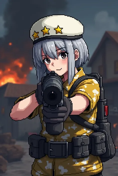 Bulatkan I gambar anime pixel setengah badan dengan ukuran 64 × 64 dengan background medan perang gelap dan desa terbakar,  an ash-haired flat-haired commando ber expresi aimed the gun at "I" using left hand ,  wearing his comando shirt in yellow white wit...