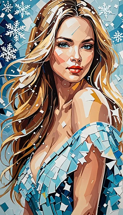 abstract style The abstract minimal palette knife canvas painting presents a stunning young woman enveloped in a hushed winter theme. Gentle strokes of the palette knife build layers of subtle color, evoking the softness of falling snowflakes. The faint hu...