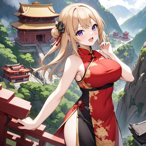 there is temple on mountain,a pretty girl is posing kun-foo training,open chest china dress,her heights is 140cm,big breasts,eye shadow,open mouth,shinyon hair