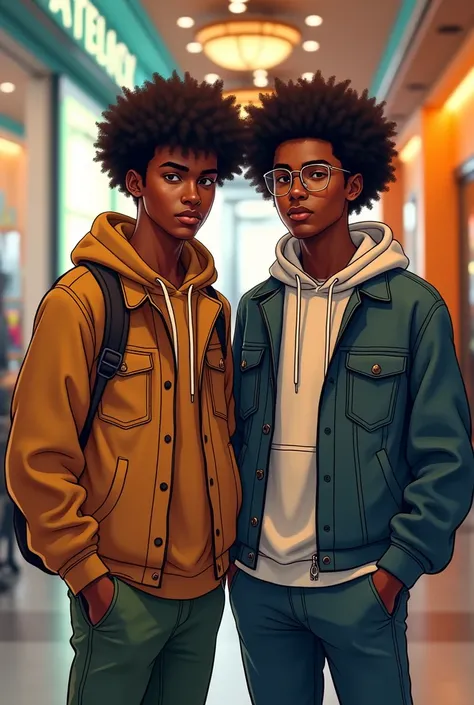 Generate two male Teenages with Chocolate Skin(Somali Skin) with curly Hair, wearing Street Wears standing in a mall or cafe Shop Posing like Gen Z.
And Write “ Eternal Elegance” beside them with Big font