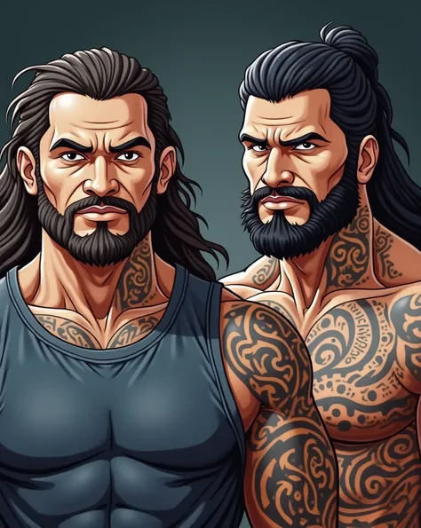 two samoan mens with tribal tattoos and a beard are standing next to each other, samoan features, wwe, maori, fujita goro and jones, ohararyu, kete butcher, !!beautiful!!, mars ravelo and greg rutkowski, te pae, twins, fanart, beautiful!!!, large portrait,...