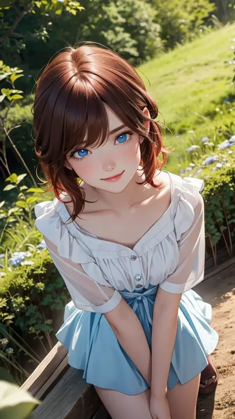 1 girl, Centauro Lillieado:1.2),Red hair, short brown hair,(cynical eyes, blue eyes), For the,to smile, embarrassing face,happy expression,forest, forest bottom ,(From above), master part , extremely detailed CG unit 8k wallpaper,  Best Quality ,32K,sharp ...