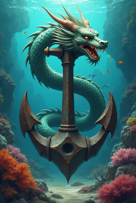 depicts an chinese angry dragon surrounding an anchor and the anchor is stuck in a reef 