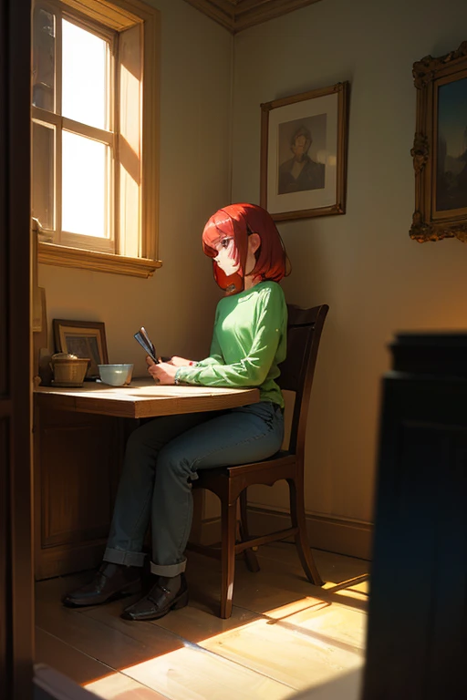  This is the painting of a person sitting in a room .  The person has red hair and is removed from the spectator ,  looking at a window or a light source that casts a glow on them .  They wear a green top with spaghetti and blue jeans that seem to be tied ...