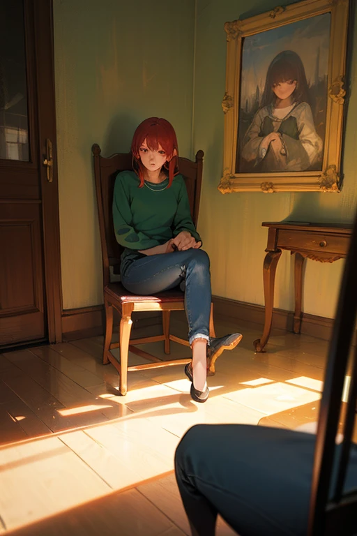  This is the painting of a person sitting in a room .  The person has red hair and is removed from the spectator ,  looking at a window or a light source that casts a glow on them .  They wear a green top with spaghetti and blue jeans that seem to be tied ...