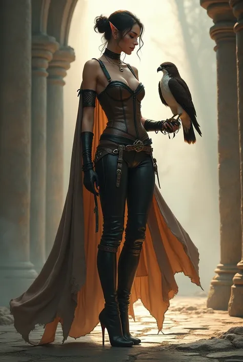 RPG-style, portrait beautiful shadow assassin elf woman, medieval RPG character painting, low bun hairstyle, brown rogue corset (brown leather pants:1.2) (straps buckles:1.2) (((stiletto high heels))) slim long legs body, standing with a falcon in her wris...