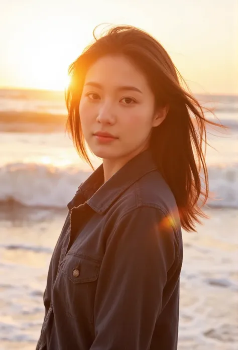 A woman stands confidently at the edge of a beach, wind playing with her hair as waves crash gently behind her. The sun sets in the background, casting a golden light that envelops her in warmth. Her expression reflects a sense of  and connection to the oc...