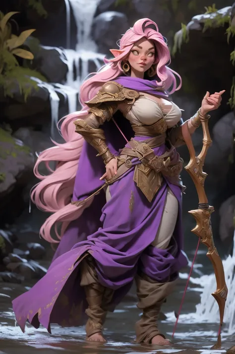 Female halfling, short stature, freckles, long pink hair, braids, wide hips, large breasts, long flowing dress, harem pants, long purple cloak, shoulder armor, dancing pose, crossbow, tall boots, full body shot, splashing water around background, in waterf...